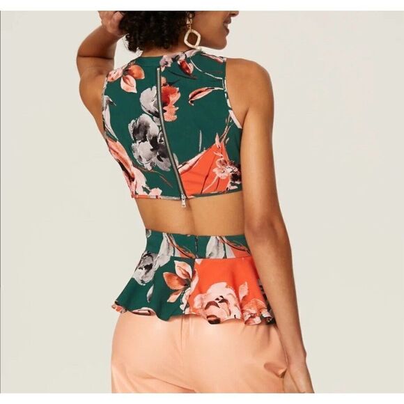 MARISSA WEBB Top Womens 0 Cutout Floral Peplum Green Orange Open Back - Picture 3 of 13